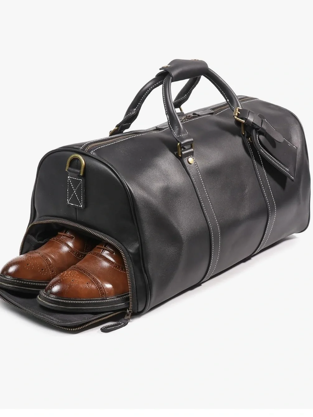 Mens Black Genuine Leather Overnight Duffel Bag Weekender Travel Carry-On 22”